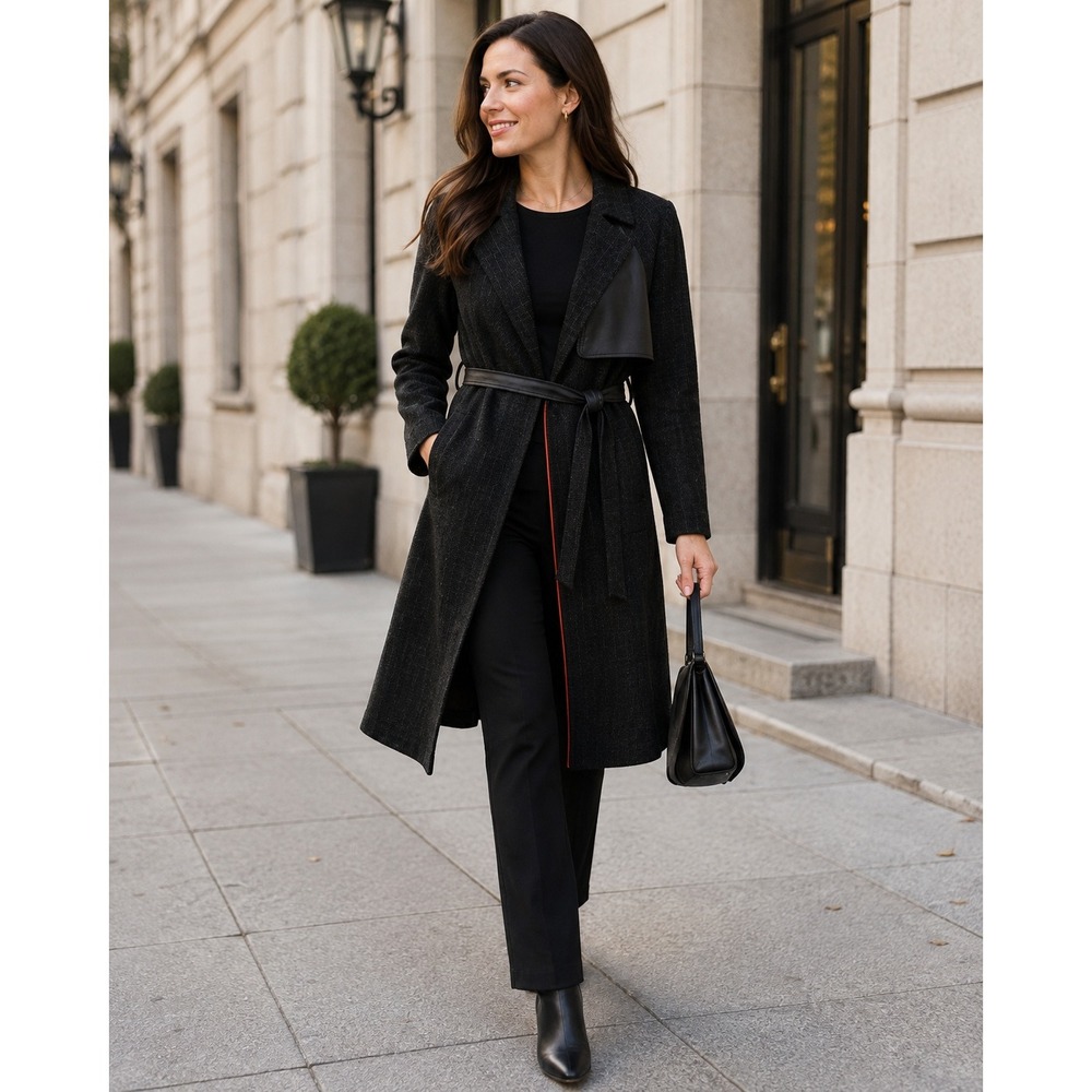 Lysse New York Women's L/XL Black Charcoal Belted Long Coat Jacket Mixed Media